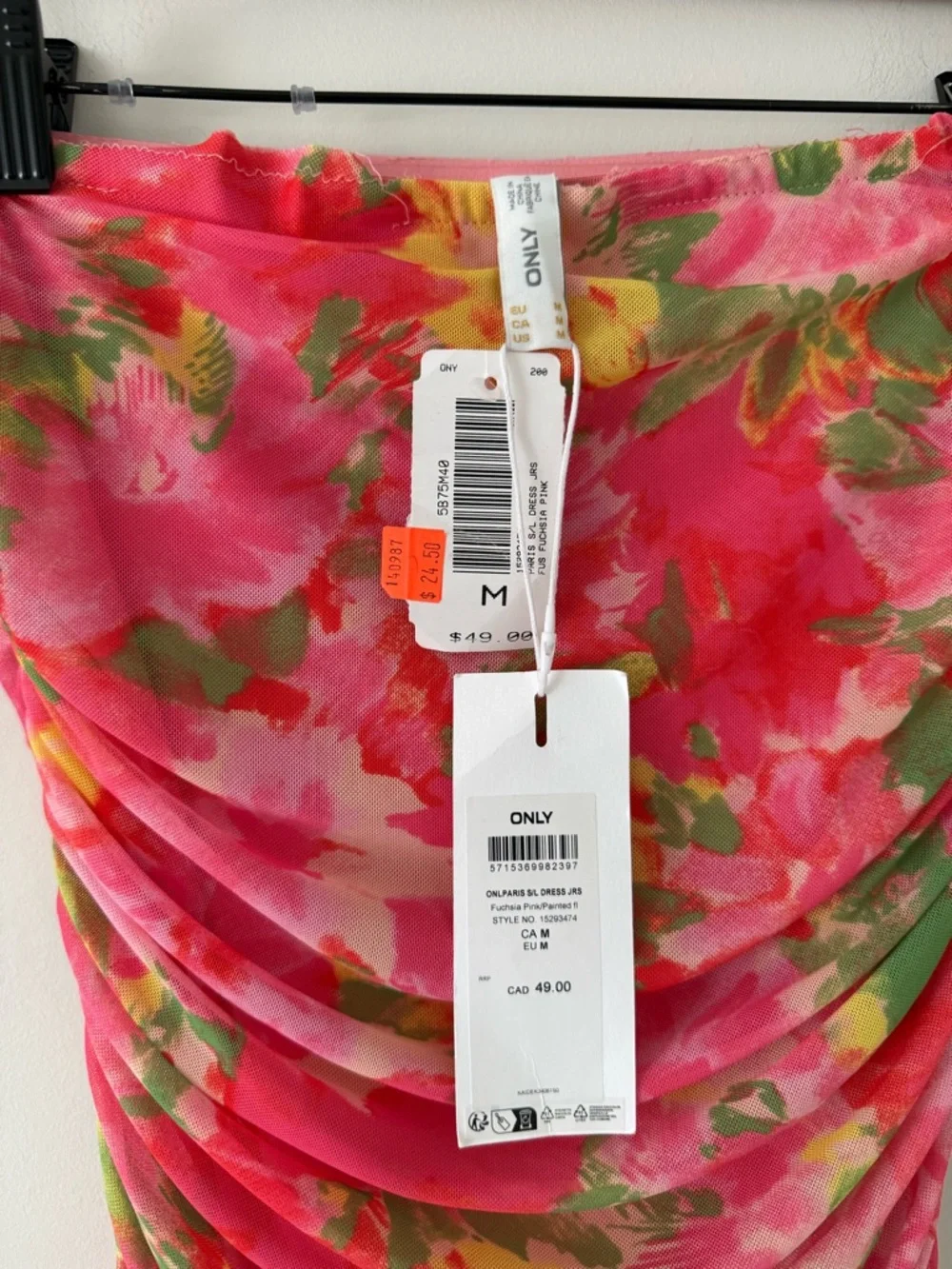 NWT ONLY Pink Floral Ruched Mesh Strapless Dress (size medium) - Picture 4 of 8